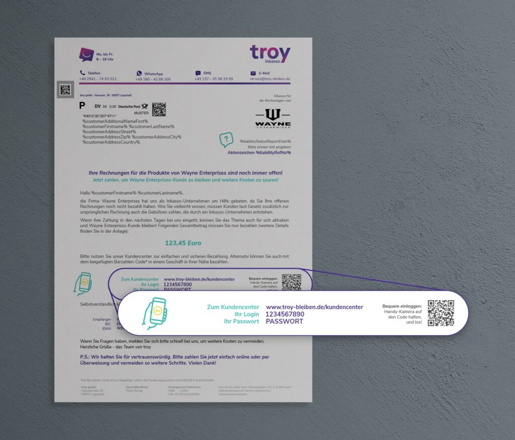 Zugang zum Kundencenter mit unserem Brief Brief von troy mit unseren Zugangsdaten